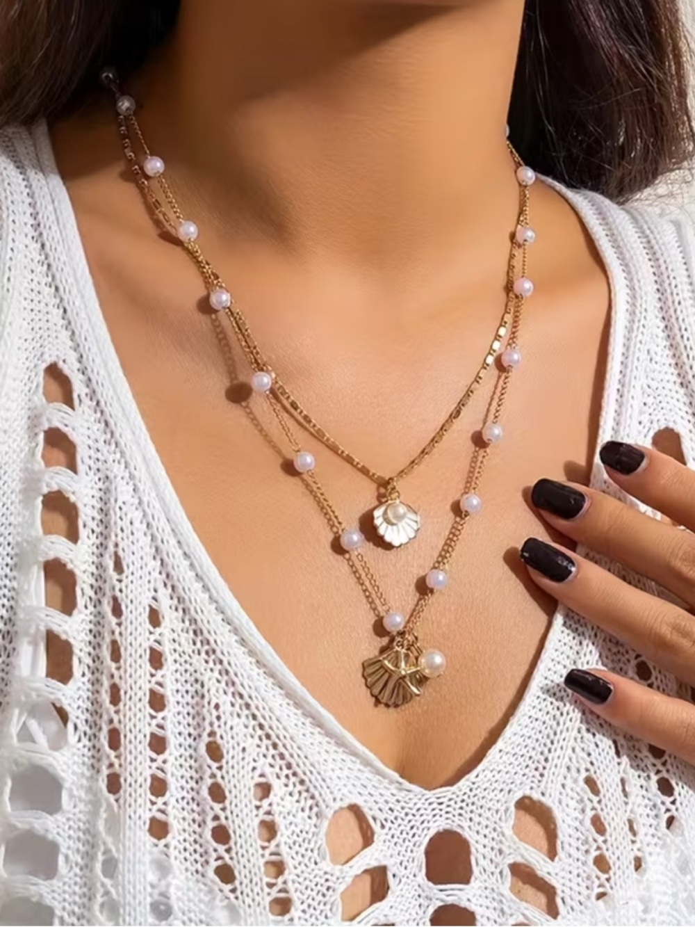 Gold Layered Pearl Shell Pendant Necklace - Women Jewelry - Picture 3 of 8